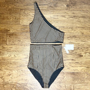 NEW with tags BAIIA Black Beige Reversible Striped One-Shoulder Bikini